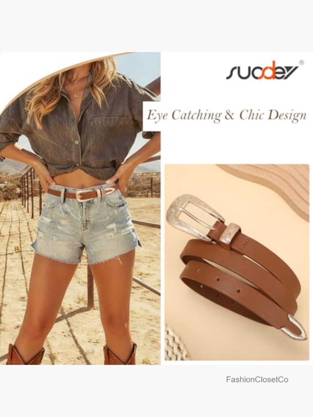 Western Skinny Vegan Leather Belt with Carved Buckle for Women - 0.8" Width, 9 - Picture 4 of 7
